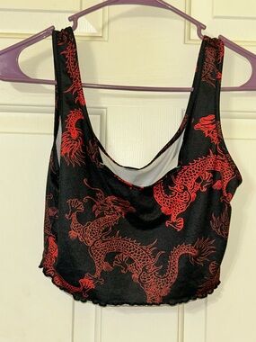 SHEIN Black Crop Tank Top with Red Dragon Print